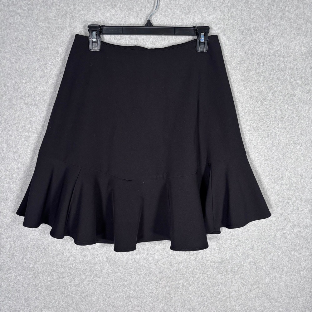 Worthington Fluted Ruffle Mini Skirt 4 Black Back Gold Zip Knit Stretch Feminine